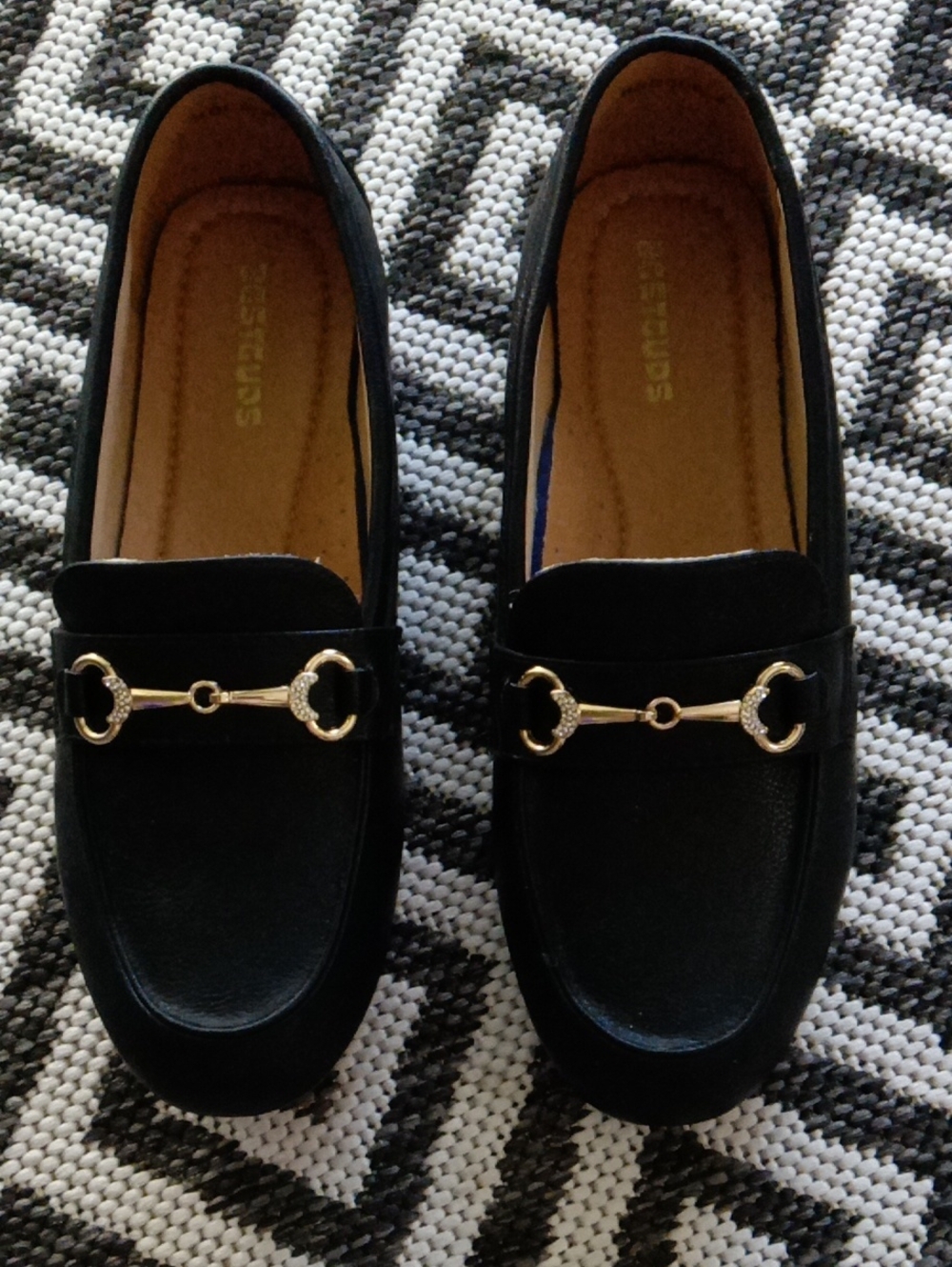NEW Black Women's Loafers with Gold Buckle & Rhinestone Accents